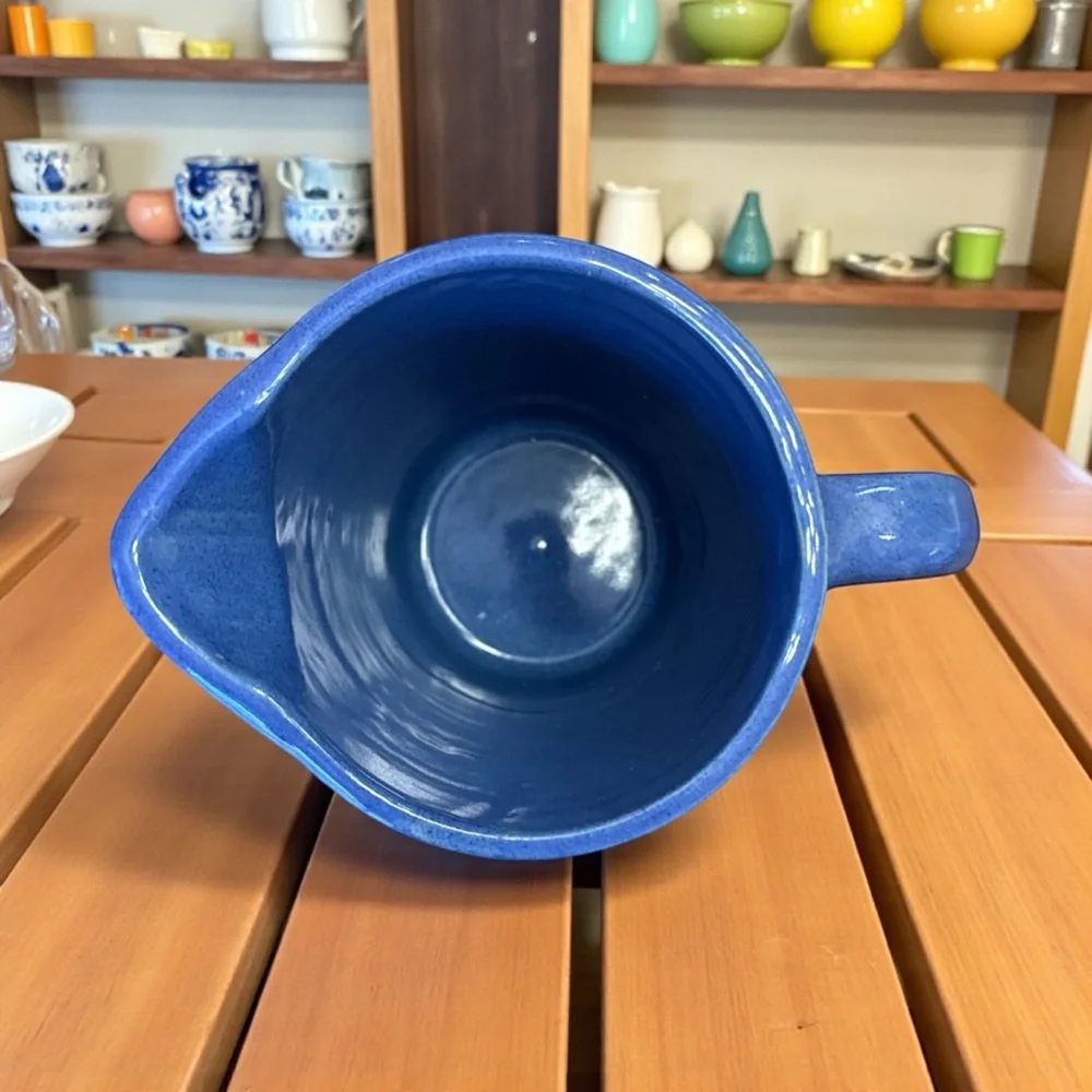 Vintage USA Pottery Blue Ribbed Pitcher | Mid Century Ringware Crock | 5.5